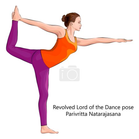 Ilustración de Mujer joven haciendo yoga Parivritta Natarajasana. La pose del Señor de la Danza Girada. Dificultad intermedia. Ilustración vectorial aislada. - Imagen libre de derechos
