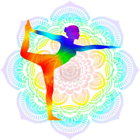 Illustration for Colorful silhouette of yoga. Parivritta Natarajasana. Revolved Lord of the Dance pose. Isolated vector illustration on Mandala background. - Royalty Free Image