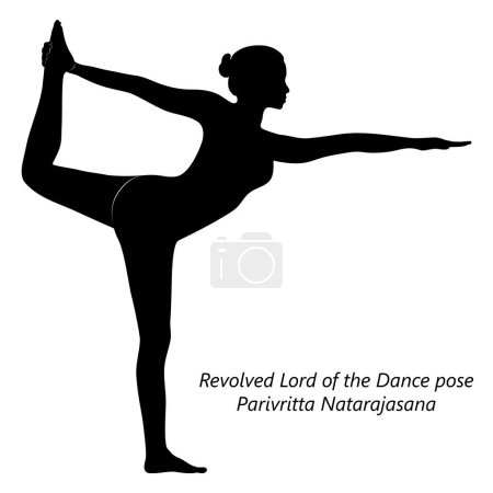Téléchargez les illustrations : Silhouette de femme faisant du yoga Parivritta Natarajasana. Revolved Lord of the Dance pose. Illustration vectorielle isolée. - en licence libre de droit