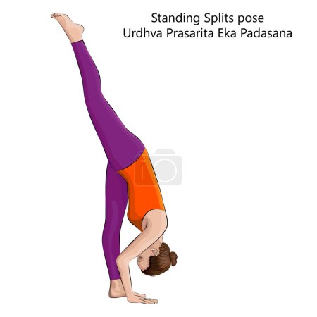 Ilustración de Mujer joven haciendo yoga Urdhva Prasarita Eka Padasana. La pose de Standing Splits. Dificultad intermedia. Ilustración vectorial aislada. - Imagen libre de derechos
