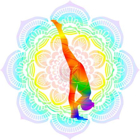 Téléchargez les illustrations : Silhouette colorée de yoga. Urdhva Prasarita Eka Padasana. Se divise debout pose. Illustration vectorielle isolée sur fond Mandala. - en licence libre de droit