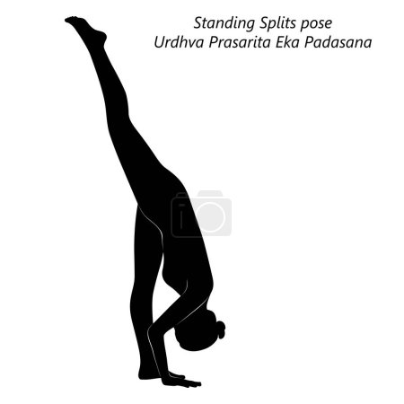 Téléchargez les illustrations : Silhouette de femme faisant du yoga Urdhva Prasarita Eka Padasana. Se divise debout pose. Illustration vectorielle isolée. - en licence libre de droit