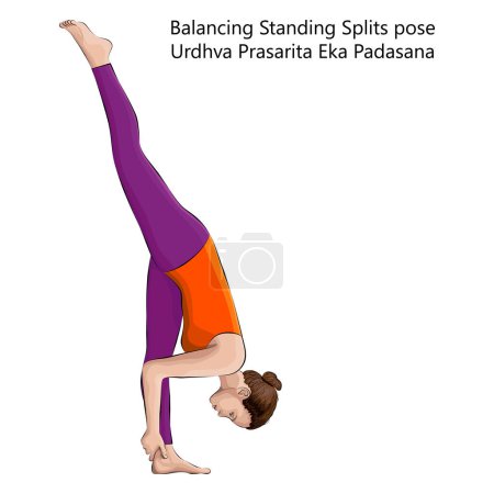Ilustración de Mujer joven haciendo yoga Urdhva Prasarita Eka Padasana. Balancing Standing Splits pose. Dificultad intermedia. Ilustración vectorial aislada. - Imagen libre de derechos