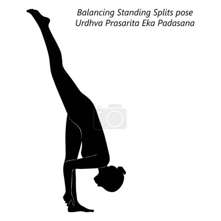 Illustration for Silhouette of woman doing yoga Urdhva Prasarita Eka Padasana. Balancing Standing Splits pose. Isolated vector illustration. - Royalty Free Image