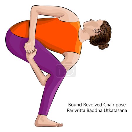 Ilustración de Mujer joven haciendo yoga Parivritta Baddha Utkatasana. Posición de la silla giratoria atada. Dificultad intermedia. Ilustración vectorial aislada. - Imagen libre de derechos