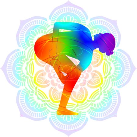 Ilustración de Colorida silueta de yoga. Parivritta Baddha Utkatasana. Posición de la silla giratoria atada. Ilustración vectorial aislada sobre fondo de mandala. - Imagen libre de derechos