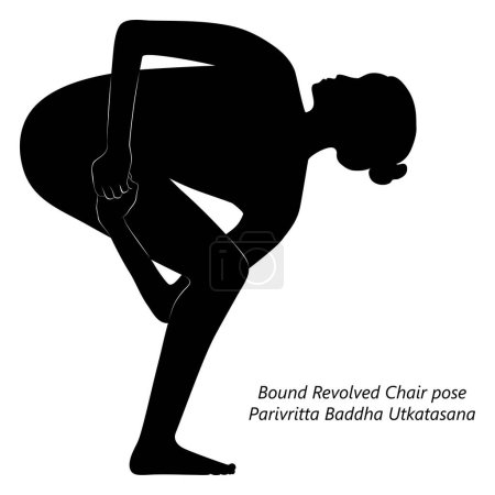 Ilustración de Silueta de mujer haciendo yoga Parivritta Baddha Utkatasana. Posición de la silla giratoria atada. Ilustración vectorial aislada. - Imagen libre de derechos