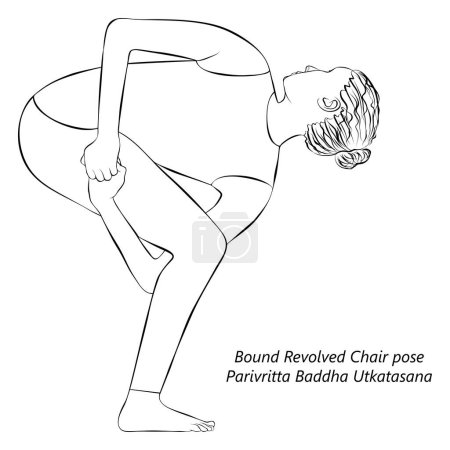 Ilustración de Bosquejo de una joven haciendo yoga Parivritta Baddha Utkatasana. Posición de la silla giratoria atada. Ilustración vectorial aislada. - Imagen libre de derechos