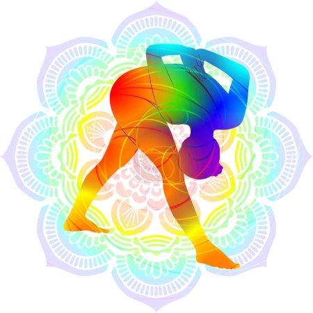 Téléchargez les illustrations : Silhouette colorée de yoga. Parshvottanasana. pose pyramidale ou pose extensible côté intense. Illustration vectorielle isolée sur fond Mandala. - en licence libre de droit