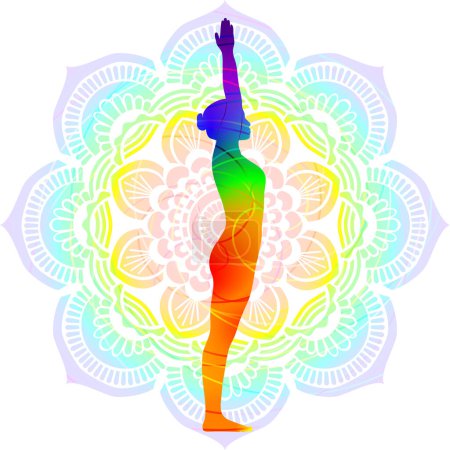 Téléchargez les illustrations : Silhouette colorée de yoga. Urdhva Vrikshasana. Montagne avec les bras vers le haut ou vers le haut pose de l'arbre. Illustration vectorielle isolée sur fond Mandala. - en licence libre de droit