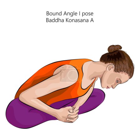 Téléchargez les illustrations : Young woman doing yoga Baddha Konasana A. Bound Angle 1 pose. Extended Bound Angle pose. Intermediate Difficulty. Isolated vector illustration. - en licence libre de droit