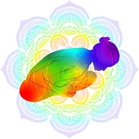 Ilustración de Colorida silueta de yoga. Baddha Konasana A. Ángulo enlazado 1 pose. Postura de ángulo limitado extendido. Dificultad intermedia. Ilustración vectorial aislada - Imagen libre de derechos