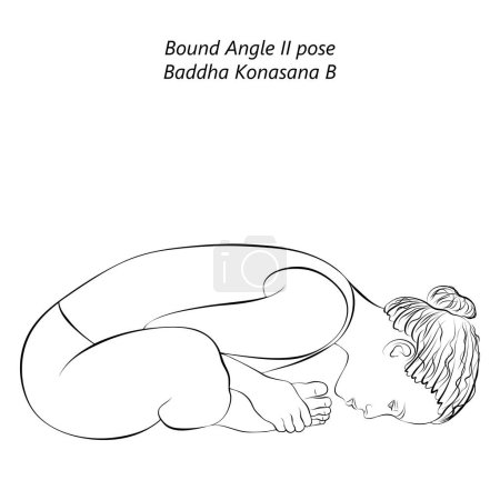 Ilustración de Bosquejo de la mujer haciendo yoga Baddha Konasana B. Ángulo enlazado 2 pose. Postura de ángulo limitado extendido. Dificultad intermedia. Ilustración vectorial aislada. - Imagen libre de derechos