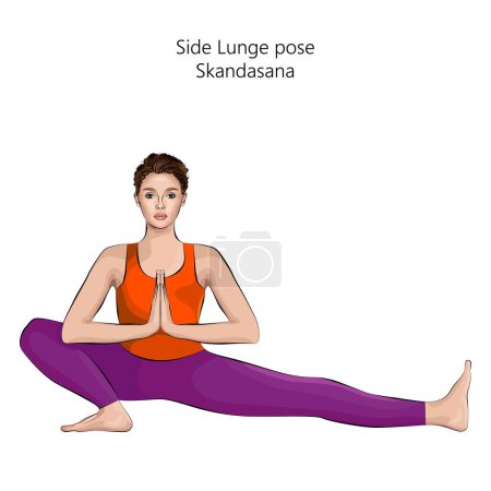 Ilustración de Mujer joven haciendo yoga Skandasana. Posada lateral. Dificultad intermedia. Ilustración vectorial aislada. - Imagen libre de derechos