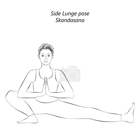 Téléchargez les illustrations : Croquis de femme faisant du yoga Skandasana. La pose de Side Lunge. Difficulté intermédiaire. Illustration vectorielle isolée. - en licence libre de droit
