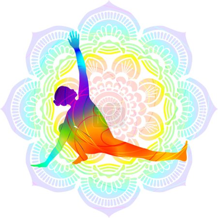 Téléchargez les illustrations : Silhouette colorée de yoga. Skandasana. Lunge latérale avec bras posture prolongée. Difficulté intermédiaire. Illustration vectorielle isolée - en licence libre de droit