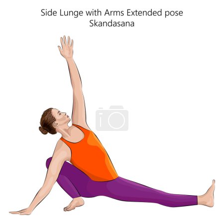 Téléchargez les illustrations : Jeune femme faisant du yoga Skandasana. Lunge latérale avec bras posture prolongée. Difficulté intermédiaire. Illustration vectorielle isolée. - en licence libre de droit