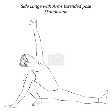 Téléchargez les illustrations : Croquis de femme faisant du yoga Skandasana. Lunge latérale avec bras posture prolongée. Difficulté intermédiaire. Illustration vectorielle isolée. - en licence libre de droit