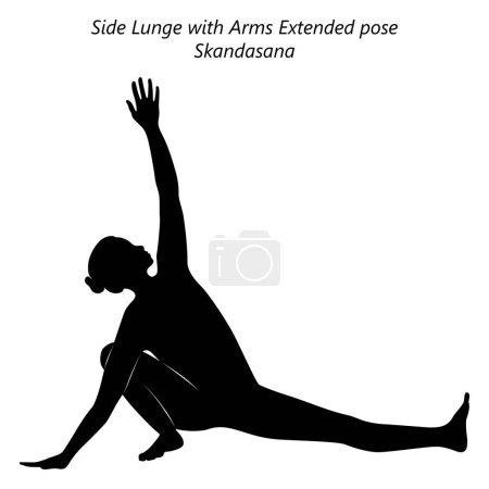 Téléchargez les illustrations : Silhouette de femme faisant du yoga Skandasana. Lunge latérale avec bras posture prolongée. Difficulté intermédiaire. Illustration vectorielle isolée - en licence libre de droit