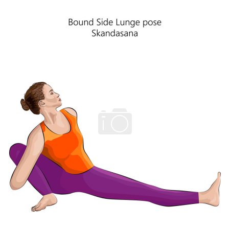 Ilustración de Mujer joven haciendo yoga Skandasana. Posición de embestida lateral. Dificultad intermedia. Ilustración vectorial aislada. - Imagen libre de derechos