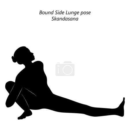 Téléchargez les illustrations : Silhouette de femme faisant du yoga Skandasana. Pose de la fente latérale liée. Difficulté intermédiaire. Illustration vectorielle isolée - en licence libre de droit