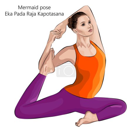 Téléchargez les illustrations : Jeune femme faisant du yoga Eka Pada Raja Kapotasana. pose de sirène. Difficulté intermédiaire. Illustration vectorielle isolée. - en licence libre de droit