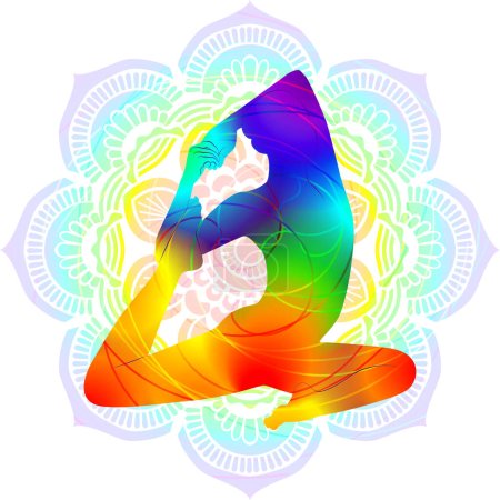 Colorida silueta de yoga. Eka Pada Raja Kapotasana. Posar de sirena. Dificultad intermedia. Ilustración vectorial aislada