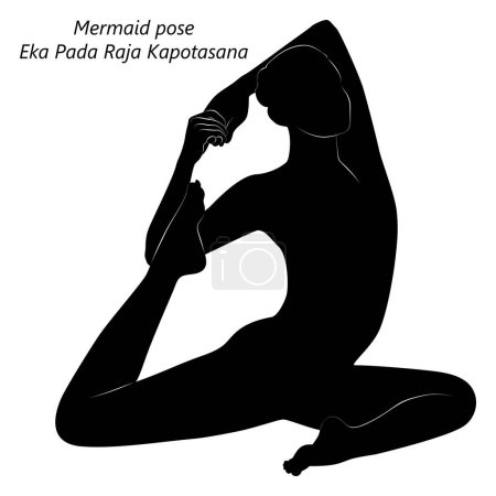 Téléchargez les illustrations : Silhouette de femme faisant du yoga Eka Pada Raja Kapotasana. pose de sirène. Difficulté intermédiaire. Illustration vectorielle isolée - en licence libre de droit