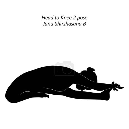 Téléchargez les illustrations : Silhouette de la femme faisant du yoga Janu Shirshasana B. Prenez la pose du genou 2. Difficulté intermédiaire. Illustration vectorielle isolée - en licence libre de droit