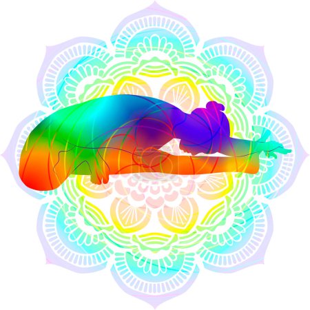 Colorida silueta de yoga. Janu Shirshasana C. Cabeza a rodilla 3 pose. Dificultad intermedia. Ilustración vectorial aislada