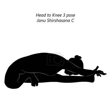 Téléchargez les illustrations : Silhouette de la femme faisant du yoga Janu Shirshasana C. Tête au genou 3 pose. Difficulté intermédiaire. Illustration vectorielle isolée - en licence libre de droit