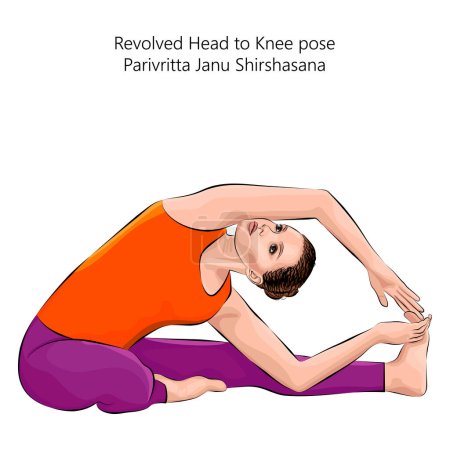 Mujer joven haciendo yoga Parivritta Janu Shirshasana. Posar cabeza a rodilla girada. Dificultad intermedia. Ilustración vectorial aislada.
