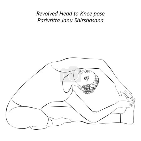 Téléchargez les illustrations : Croquis de la femme faisant du yoga Parivritta Janu Shirshasana. Revolved Head to Knee pose. Difficulté intermédiaire. Illustration vectorielle isolée. - en licence libre de droit