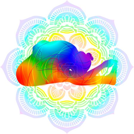 Téléchargez les illustrations : Silhouette colorée de yoga. Ardha Baddha Padma Paschimottanasana. Demi-lié assis Lotus avant flexion pose. Illustration vectorielle isolée - en licence libre de droit