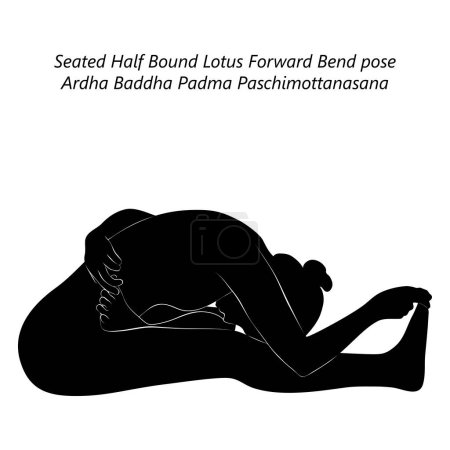 Silhouette of woman doing yoga Ardha Baddha Padma Paschimottanasana. Seated Half Bound Lotus Forward Bend pose. Isolated vector illustration