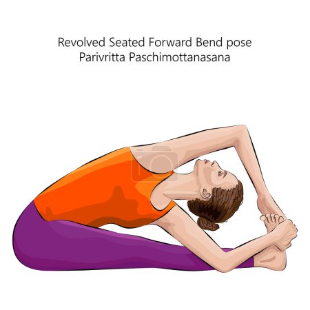 Mujer joven haciendo yoga Parivritta Paschimottanasana. Postura giratoria de flexión delantera sentada. Dificultad intermedia. Ilustración vectorial aislada.