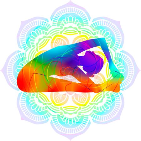 Téléchargez les illustrations : Silhouette colorée de yoga. Parivritta Paschimottanasana. Pose de courbure avant assise pivotée. Difficulté intermédiaire. Illustration vectorielle isolée - en licence libre de droit