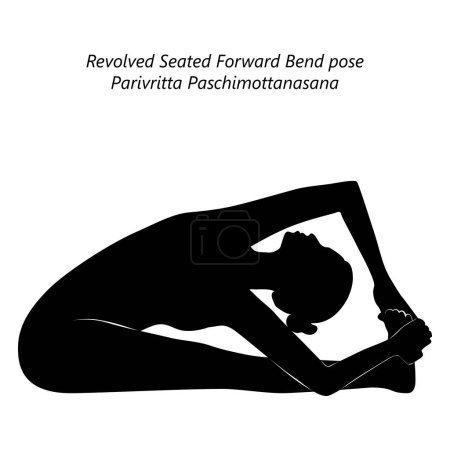 Téléchargez les illustrations : Silhouette de femme faisant du yoga Parivritta Paschimottanasana. Pose de courbure avant assise pivotée. Difficulté intermédiaire. Illustration vectorielle isolée - en licence libre de droit