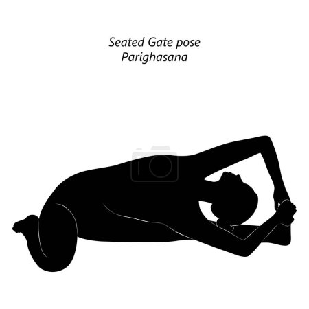 Téléchargez les illustrations : Silhouette de femme faisant du yoga Parighasana. Pose de la Porte Assise. Difficulté intermédiaire. Illustration vectorielle isolée - en licence libre de droit