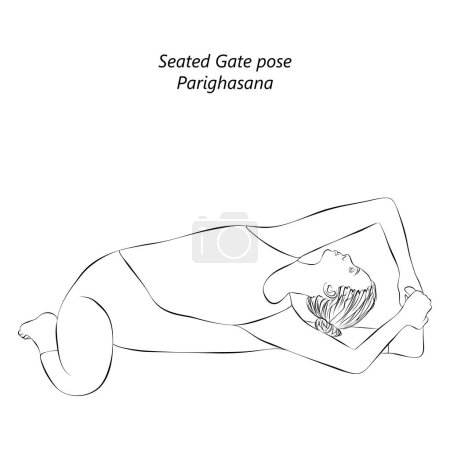 Croquis de la femme faisant du yoga Parighasana. Pose de la Porte Assise. Difficulté intermédiaire. Illustration vectorielle isolée.