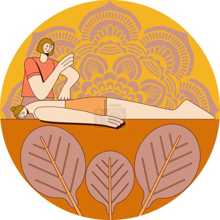 Deep tissue massage and treatment muscle pain by professional therapist in spa. Isolated flat vector illustration in circle shape.