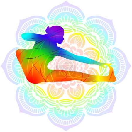 Bunte Silhouette des Yoga. Akarna Dhanurasana. Bogenschützenpose. Pfeil und Bogen oder Schießbogen posieren. Isolierte Vektorillustration