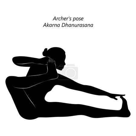 Téléchargez les illustrations : Silhouette de femme faisant du yoga Akarna Dhanurasana. Archer pose. Pose d'arc et flèche ou pose d'arc de tir. Illustration vectorielle isolée - en licence libre de droit