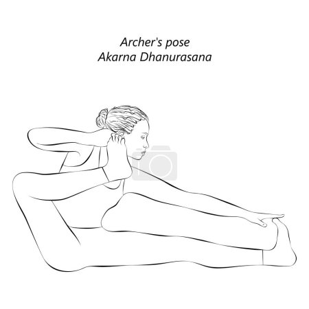 Bosquejo de mujer haciendo yoga Akarna Dhanurasana. La pose de Archer. Arco y Flecha pose o tiro Arco pose. Ilustración vectorial aislada.