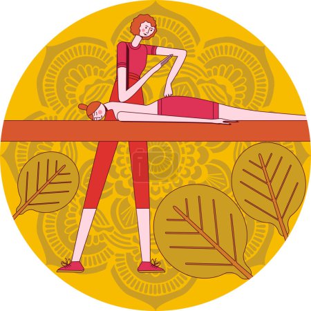 Massage et traitement des tissus profonds douleurs musculaires par un thérapeute professionnel en spa. Illustration isolée vectorielle plate en forme de cercle.
