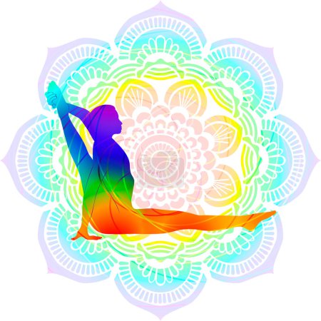 Téléchargez les illustrations : Silhouette colorée de yoga. Parivritta Surya Yantrasana. Pose de boussole assise. Pose du cadran solaire ou pose de Visvamitra Sage. Illustration vectorielle isolée - en licence libre de droit