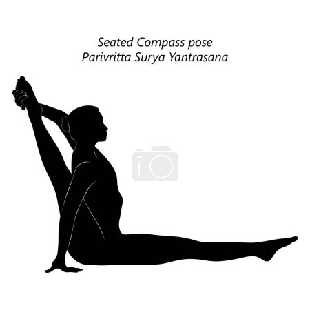 Silueta de mujer haciendo yoga Parivritta Surya Yantrasana. pose de brújula sentada. Postura del reloj de sol o postura de Sage Visvamitra. Ilustración vectorial aislada