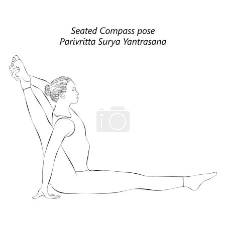 Boceto de mujer haciendo yoga Parivritta Surya Yantrasana. pose de brújula sentada. Postura del reloj de sol o postura de Sage Visvamitra. Ilustración vectorial aislada.