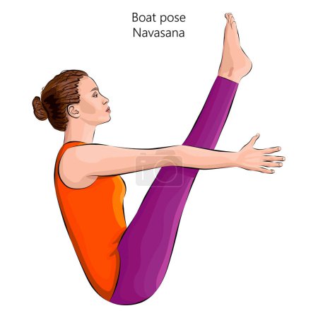 Mujer joven practicando la pose de yoga Navasana. Posar en barco. Dificultad intermedia. Ilustración vectorial aislada.