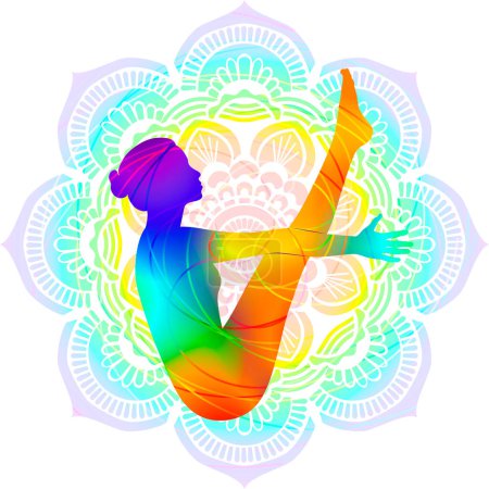 Colorful silhouette of woman practicing Navasana yoga pose. Boat pose. Intermediate Difficulty. Isolated vector illustration